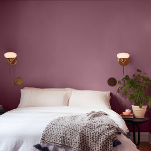 Purple bedroom, white bedding