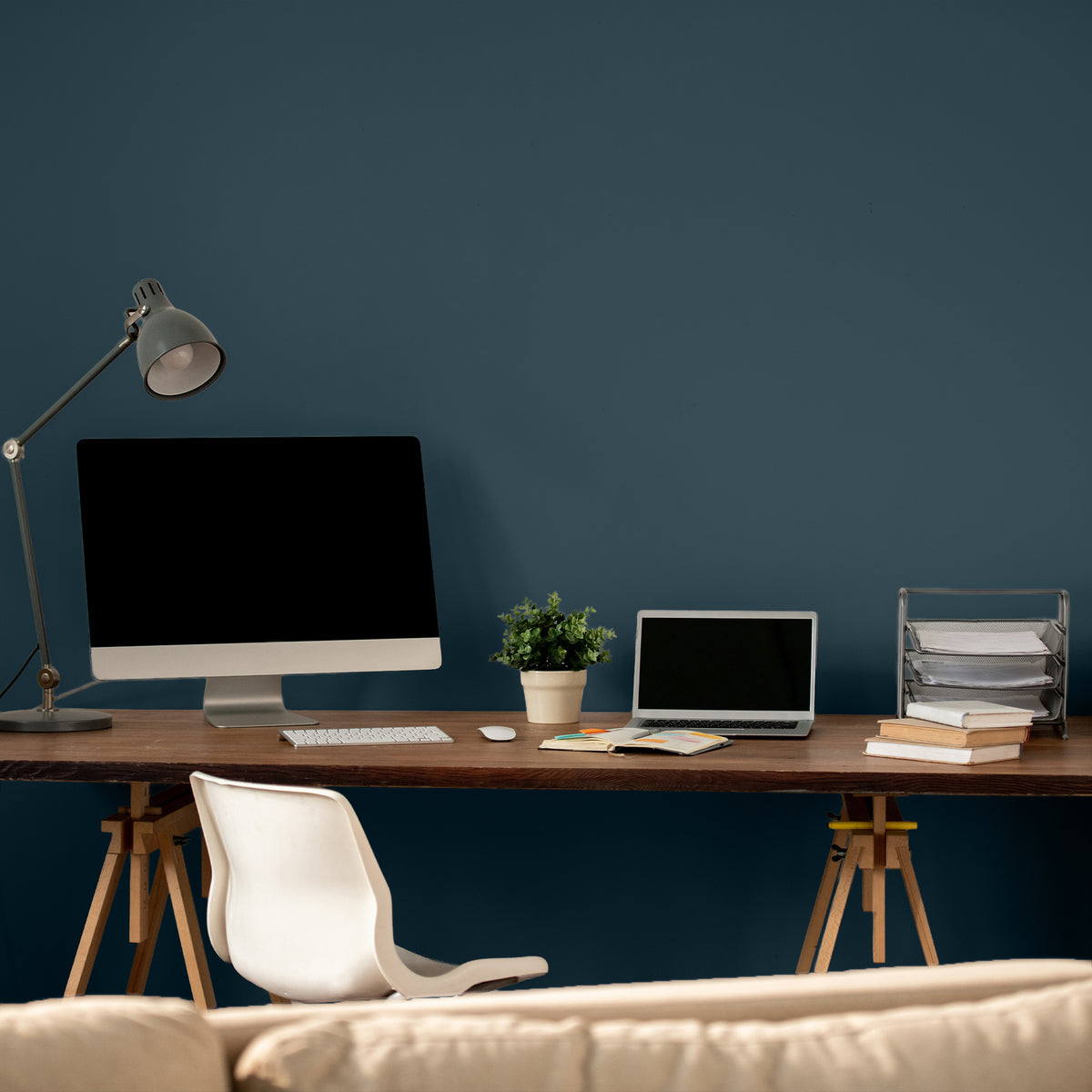 Navy blue office wall
